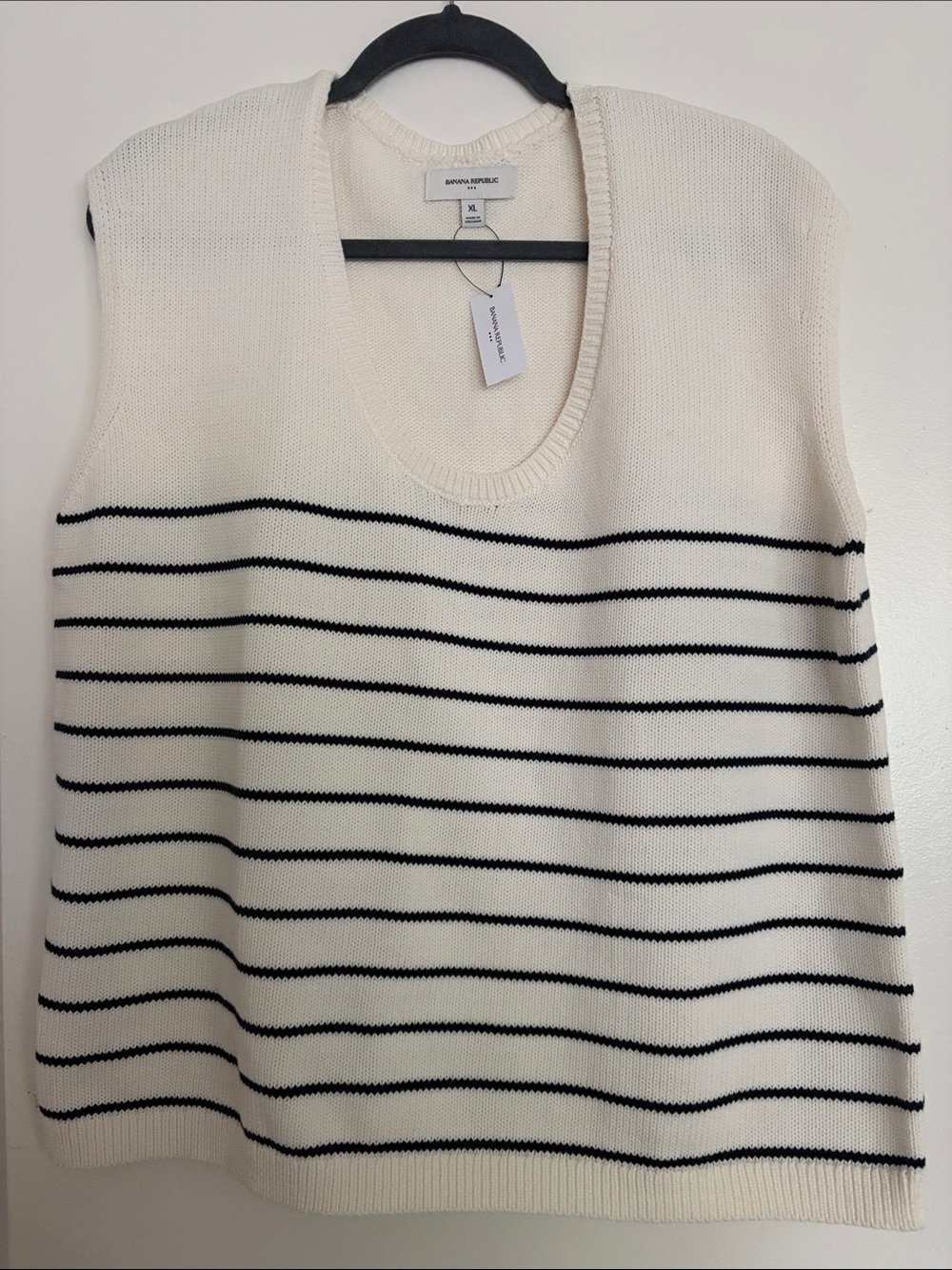 Banana Republic Cream and Black Striped V‑Neck Sweater Vest
